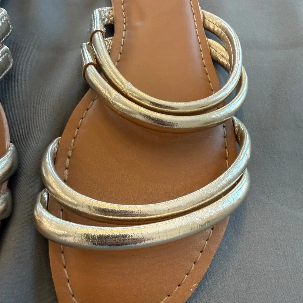 J.Crew Womens Gold Metallic Multi-Strap Slide Sandals Size 6‎ Flat Tan Footbed
